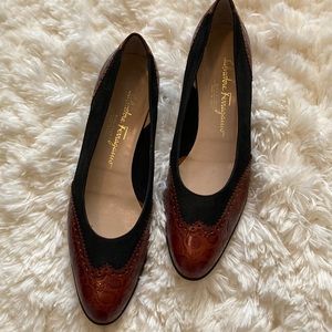 Salvatore Ferragamo Brown Croc Leather Black Suede Flats Sz:9.5 AAAA